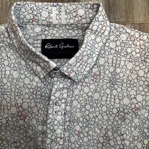 Robert Graham Shirt Medium M White Blue Geo Short Sleeve Tailored Fit Button Up